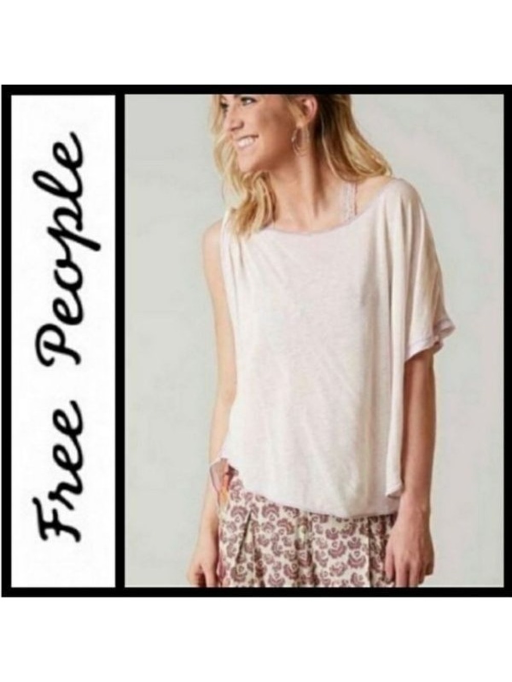 Free People Pluto Linen Blend one shoulder Drape Oversized Burnout tee Shirt S